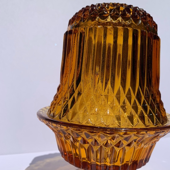 Vintage Indiana Amber Glass Fairy Light Lamp Diamond Point Footed 2 Piece MCM - Picture 4 of 7